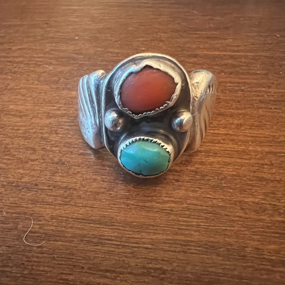 Vintage Navajo Turquoise and Coral Ring, Size 8, Sterling Silver